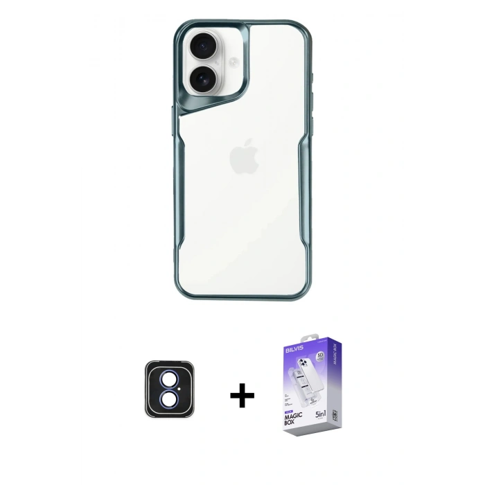 MARSİLYAN™- iPhone 16 Kılıf Akış Çizgi Koleksiyonu - Siyah Bilvis 5in1 3D Magic Cam Ekran Koruyucu + PVD Metal Kamera Lens - MI