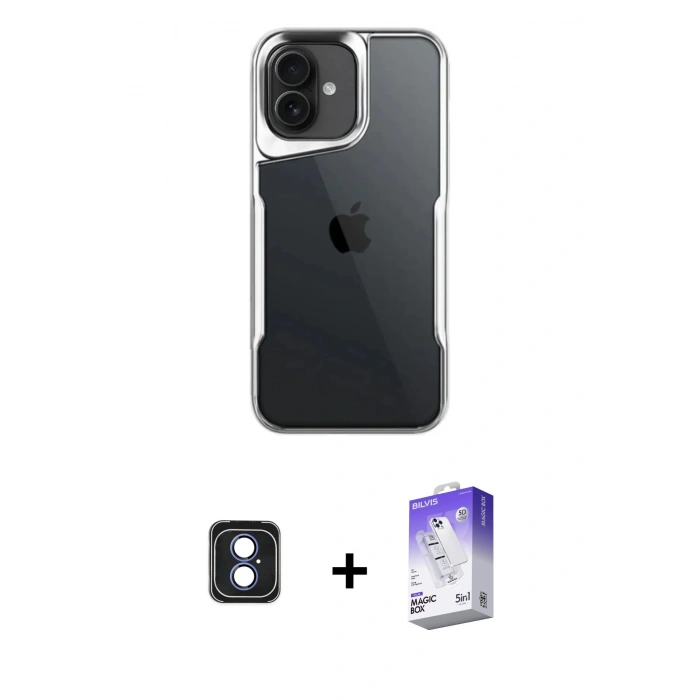 MARSİLYAN™- iPhone 16 Kılıf Akış Çizgi Koleksiyonu - Siyah Bilvis 5in1 3D Magic Cam Ekran Koruyucu + PVD Metal Kamera Lens - MI