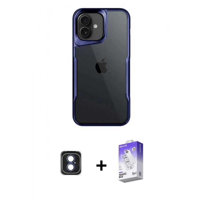 MARSİLYAN™- iPhone 16 Kılıf Akış Çizgi Koleksiyonu - Siyah Bilvis 5in1 3D Magic Cam Ekran Koruyucu + PVD Metal Kamera Lens - MI