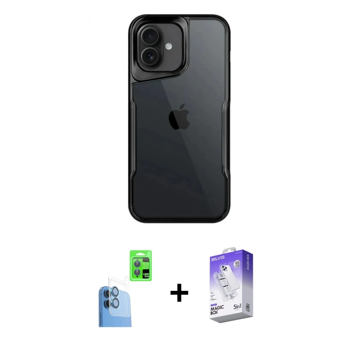 MARSİLYAN™- iPhone 16 Kılıf Akış Çizgi Koleksiyonu - Siyah Bilvis 5in1 3D Magic Cam Ekran Koruyucu + Raze Metal Kamera Lens - LT