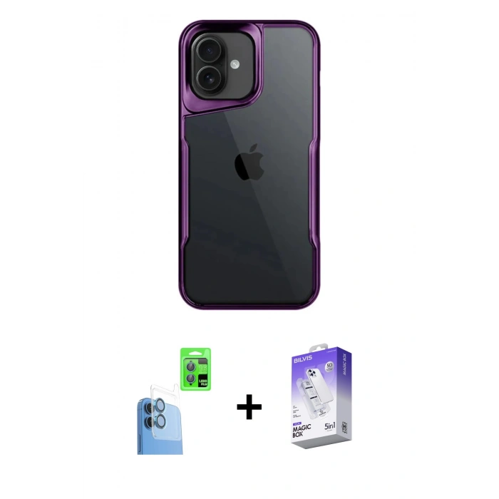 MARSİLYAN™- iPhone 16 Kılıf Akış Çizgi Koleksiyonu - Siyah Bilvis 5in1 3D Magic Cam Ekran Koruyucu + Raze Metal Kamera Lens - LT