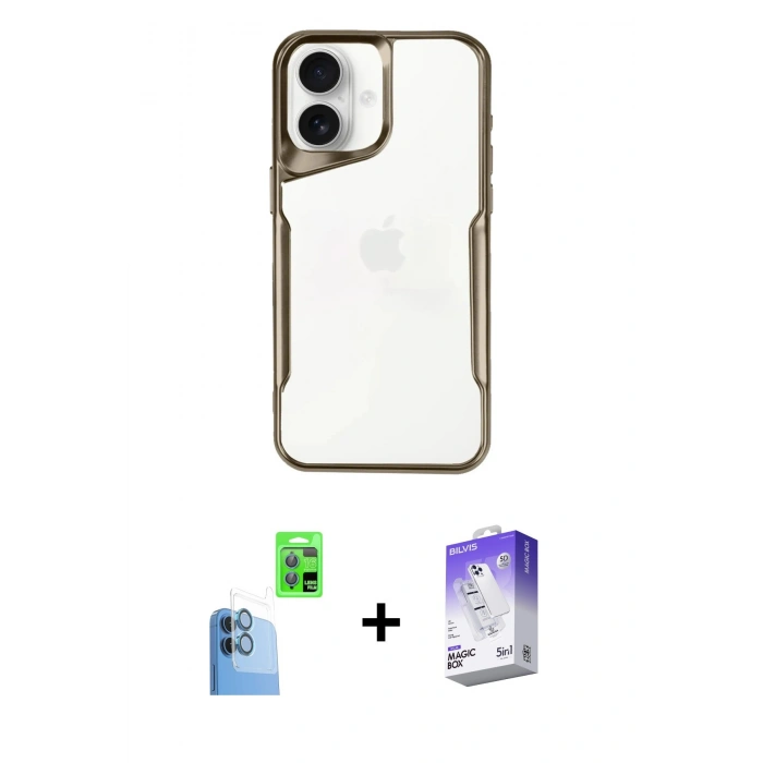 MARSİLYAN™- iPhone 16 Kılıf Akış Çizgi Koleksiyonu - Siyah Bilvis 5in1 3D Magic Cam Ekran Koruyucu + Raze Metal Kamera Lens - LT