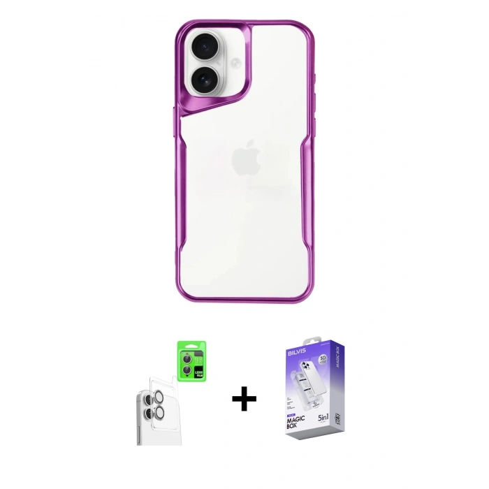 MARSİLYAN™- iPhone 16 Kılıf Akış Çizgi Koleksiyonu - Siyah Bilvis 5in1 3D Magic Cam Ekran Koruyucu + Raze Metal Kamera Lens - BZ