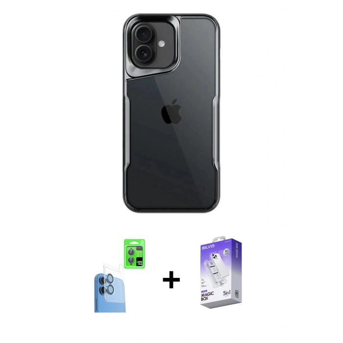 MARSİLYAN™- iPhone 16 Kılıf Akış Çizgi Koleksiyonu - Siyah Bilvis 5in1 3D Magic Cam Ekran Koruyucu + Raze Metal Kamera Lens - LT