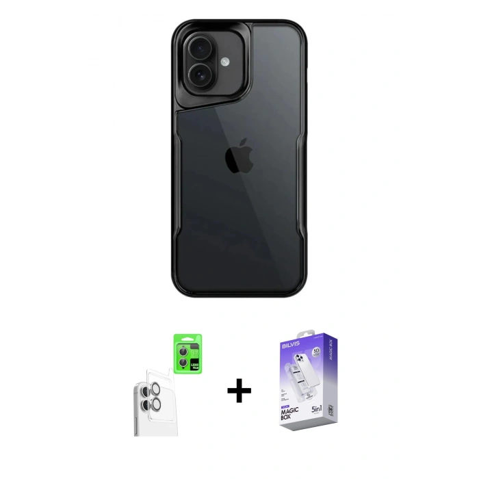 MARSİLYAN™- iPhone 16 Kılıf Akış Çizgi Koleksiyonu - Siyah Bilvis 5in1 3D Magic Cam Ekran Koruyucu + Raze Metal Kamera Lens - BZ