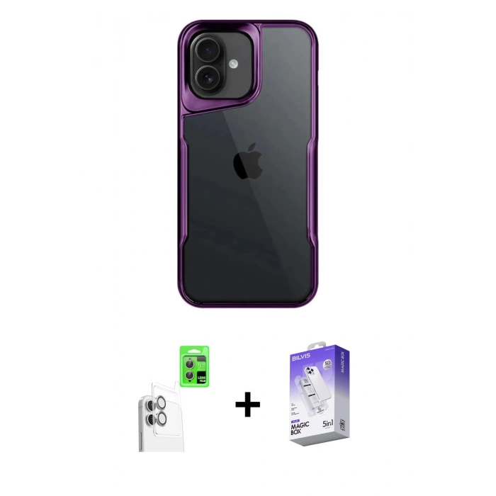 MARSİLYAN™- iPhone 16 Kılıf Akış Çizgi Koleksiyonu - Siyah Bilvis 5in1 3D Magic Cam Ekran Koruyucu + Raze Metal Kamera Lens - BZ