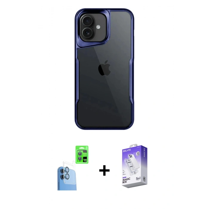 MARSİLYAN™- iPhone 16 Kılıf Akış Çizgi Koleksiyonu - Siyah Bilvis 5in1 3D Magic Cam Ekran Koruyucu + Raze Metal Kamera Lens - LT