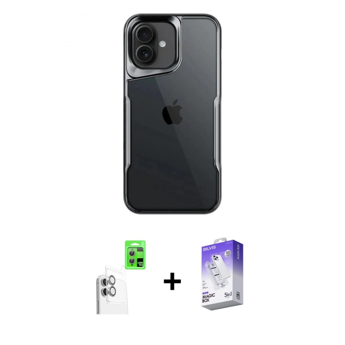 MARSİLYAN™- iPhone 16 Kılıf Akış Çizgi Koleksiyonu - Siyah Bilvis 5in1 3D Magic Cam Ekran Koruyucu + Raze Metal Kamera Lens - BZ