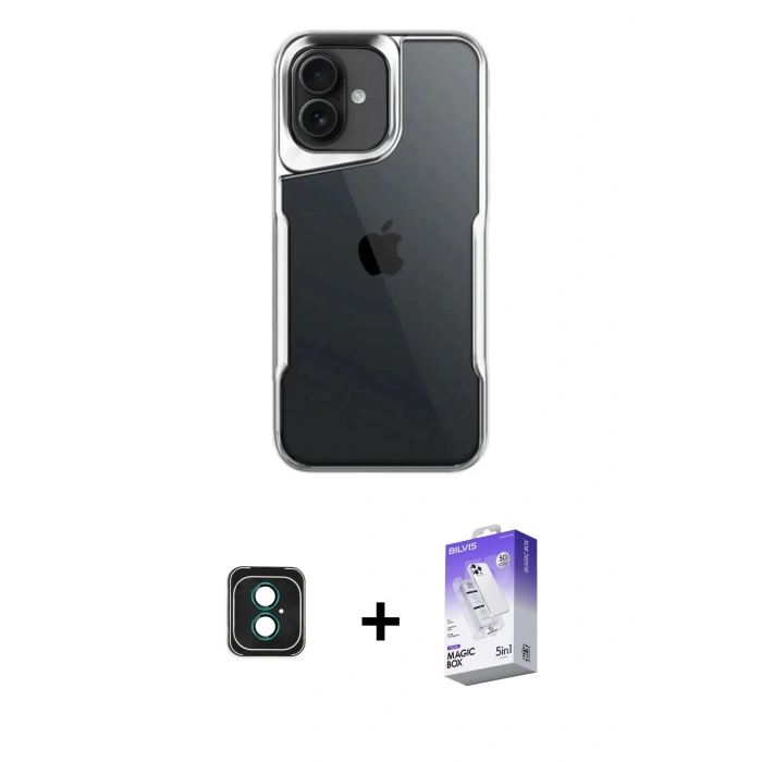 MARSİLYAN™- iPhone 16 Kılıf Akış Çizgi Koleksiyonu - Siyah Bilvis 5in1 3D Magic Cam Ekran Koruyucu + Yeşil PVD Metal Kamera Lens