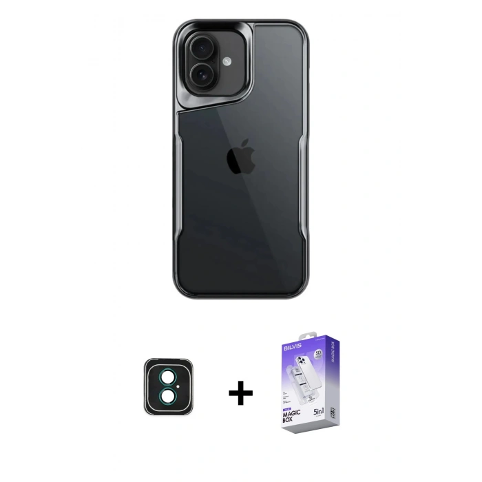 MARSİLYAN™- iPhone 16 Kılıf Akış Çizgi Koleksiyonu - Siyah Bilvis 5in1 3D Magic Cam Ekran Koruyucu + Yeşil PVD Metal Kamera Lens