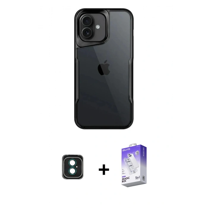 MARSİLYAN™- iPhone 16 Kılıf Akış Çizgi Koleksiyonu - Siyah Bilvis 5in1 3D Magic Cam Ekran Koruyucu + Yeşil PVD Metal Kamera Lens