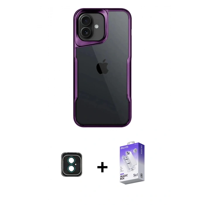 MARSİLYAN™- iPhone 16 Kılıf Akış Çizgi Koleksiyonu - Siyah Bilvis 5in1 3D Magic Cam Ekran Koruyucu + Yeşil PVD Metal Kamera Lens