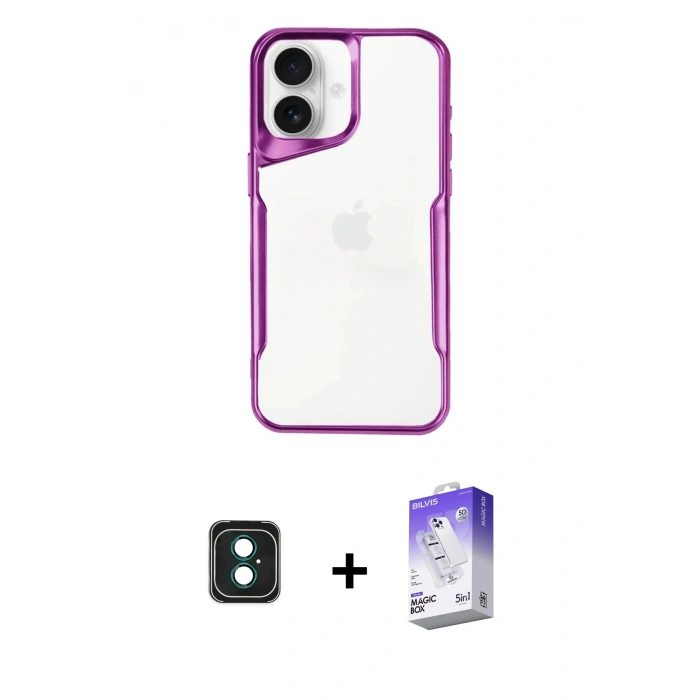 MARSİLYAN™- iPhone 16 Kılıf Akış Çizgi Koleksiyonu - Siyah Bilvis 5in1 3D Magic Cam Ekran Koruyucu + Yeşil PVD Metal Kamera Lens