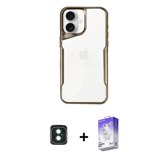 MARSİLYAN™- iPhone 16 Kılıf Akış Çizgi Koleksiyonu - Siyah Bilvis 5in1 3D Magic Cam Ekran Koruyucu + Yeşil PVD Metal Kamera Lens