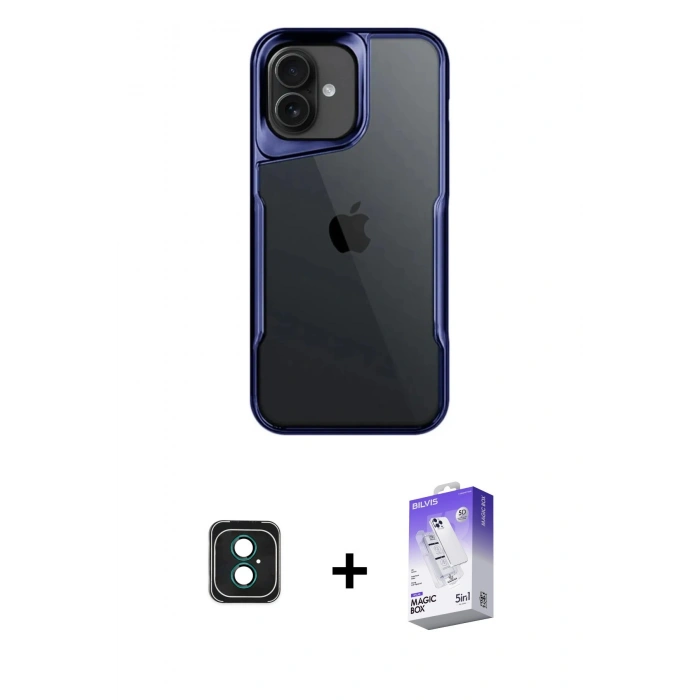 MARSİLYAN™- iPhone 16 Kılıf Akış Çizgi Koleksiyonu - Siyah Bilvis 5in1 3D Magic Cam Ekran Koruyucu + Yeşil PVD Metal Kamera Lens