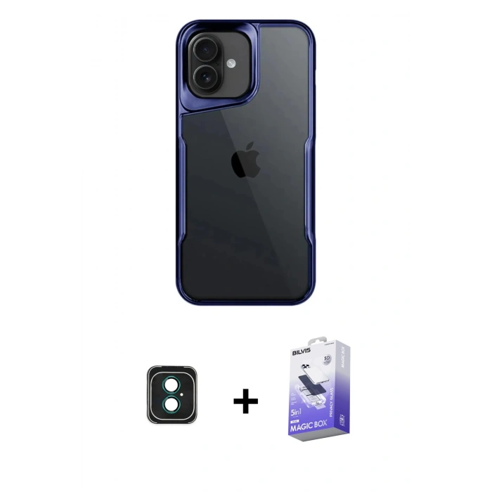 MARSİLYAN™- iPhone 16 Kılıf Akış Çizgi Koleksiyonu - Siyah Bilvis 5in1 5D Magic Hayalet Cam Ekran Koruyucu + PVD Metal Kamera Lens - YL