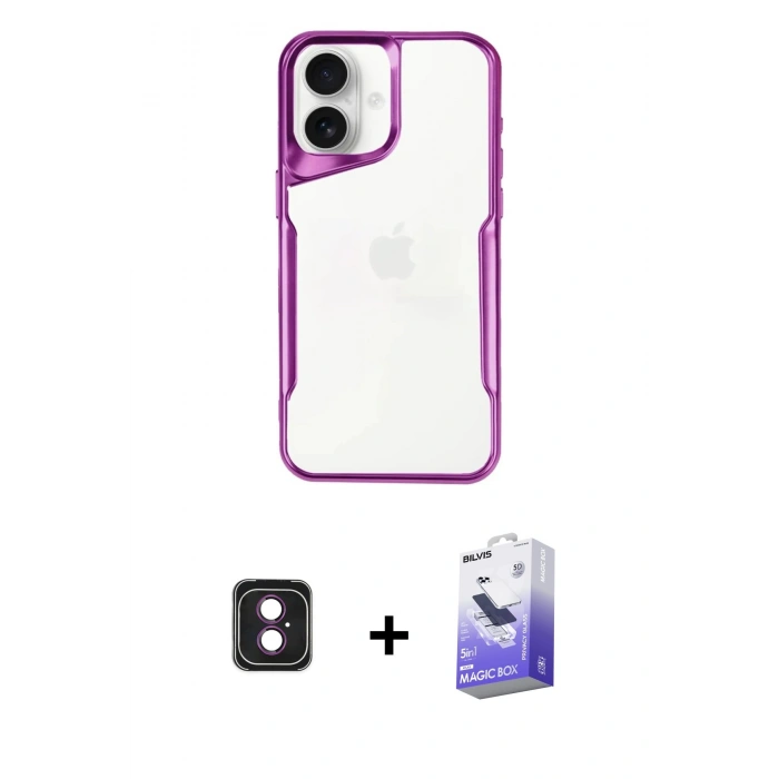 MARSİLYAN™- iPhone 16 Kılıf Akış Çizgi Koleksiyonu - Siyah Bilvis 5in1 5D Magic Hayalet Cam Ekran Koruyucu + PVD Metal Kamera Lens - PE