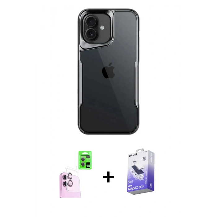 MARSİLYAN™- iPhone 16 Kılıf Akış Çizgi Koleksiyonu - Siyah Bilvis 5in1 5D Magic Hayalet Cam Ekran Koruyucu + Raze Metal Kamera Lens - PE