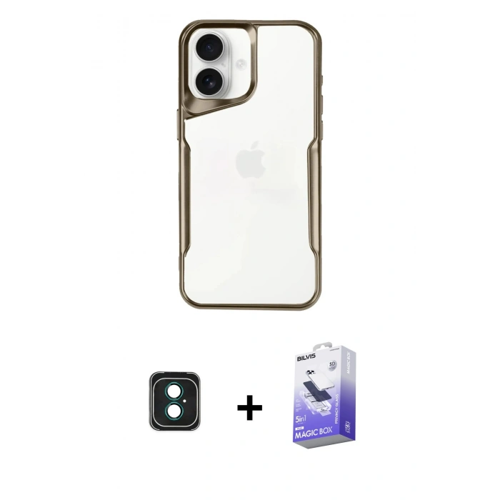 MARSİLYAN™- iPhone 16 Kılıf Akış Çizgi Koleksiyonu - Siyah Bilvis 5in1 5D Magic Hayalet Cam Ekran Koruyucu + PVD Metal Kamera Lens - YL