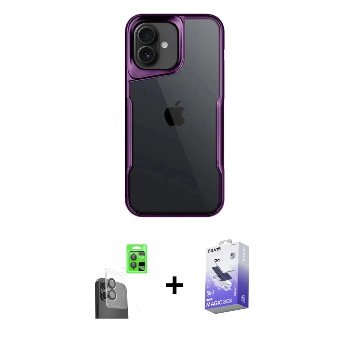 MARSİLYAN™- iPhone 16 Kılıf Akış Çizgi Koleksiyonu - Siyah Bilvis 5in1 5D Magic Hayalet Cam Ekran Koruyucu + Raze Metal Kamera Lens - SH