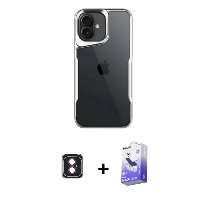 MARSİLYAN™- iPhone 16 Kılıf Akış Çizgi Koleksiyonu - Siyah Bilvis 5in1 5D Magic Hayalet Cam Ekran Koruyucu + PVD Metal Kamera Lens - PE