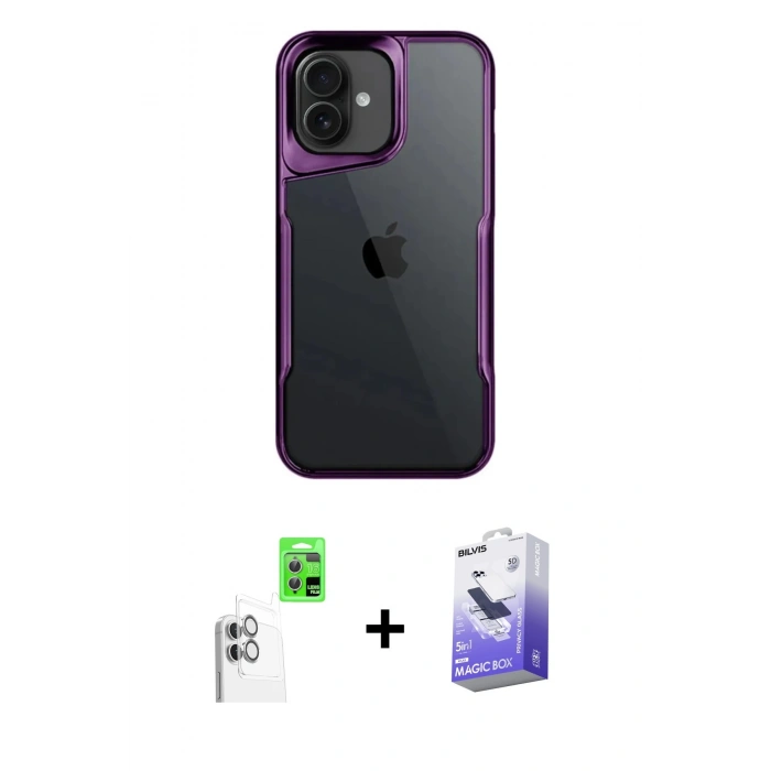 MARSİLYAN™- iPhone 16 Kılıf Akış Çizgi Koleksiyonu - Siyah Bilvis 5in1 5D Magic Hayalet Cam Ekran Koruyucu + Raze Metal Kamera Lens - BZ