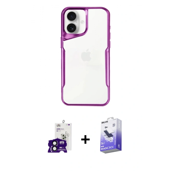 MARSİLYAN™- iPhone 16 Kılıf Akış Çizgi Koleksiyonu - Siyah Bilvis 5in1 5D Magic Hayalet Cam Ekran Koruyucu + Bilvis Titan Kamera Lens - SH