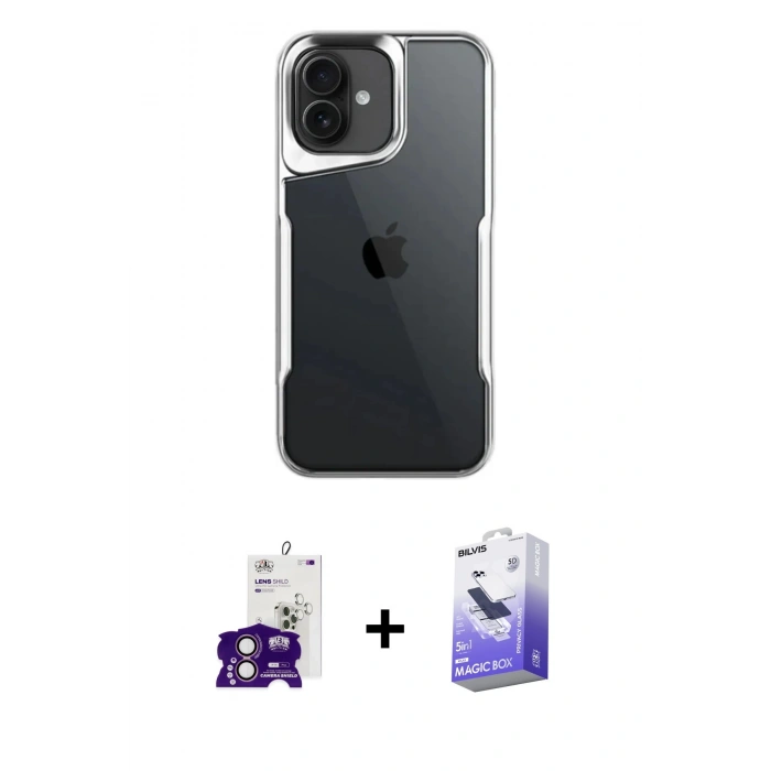 MARSİLYAN™- iPhone 16 Kılıf Akış Çizgi Koleksiyonu - Siyah Bilvis 5in1 5D Magic Hayalet Cam Ekran Koruyucu + Bilvis Titan Kamera Lens - PE
