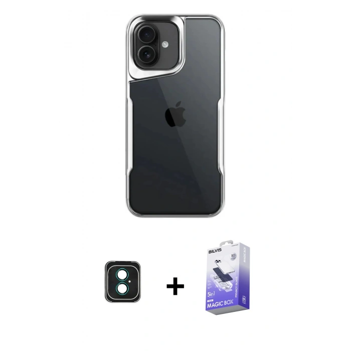 MARSİLYAN™- iPhone 16 Kılıf Akış Çizgi Koleksiyonu - Siyah Bilvis 5in1 5D Magic Hayalet Cam Ekran Koruyucu + PVD Metal Kamera Lens - YL