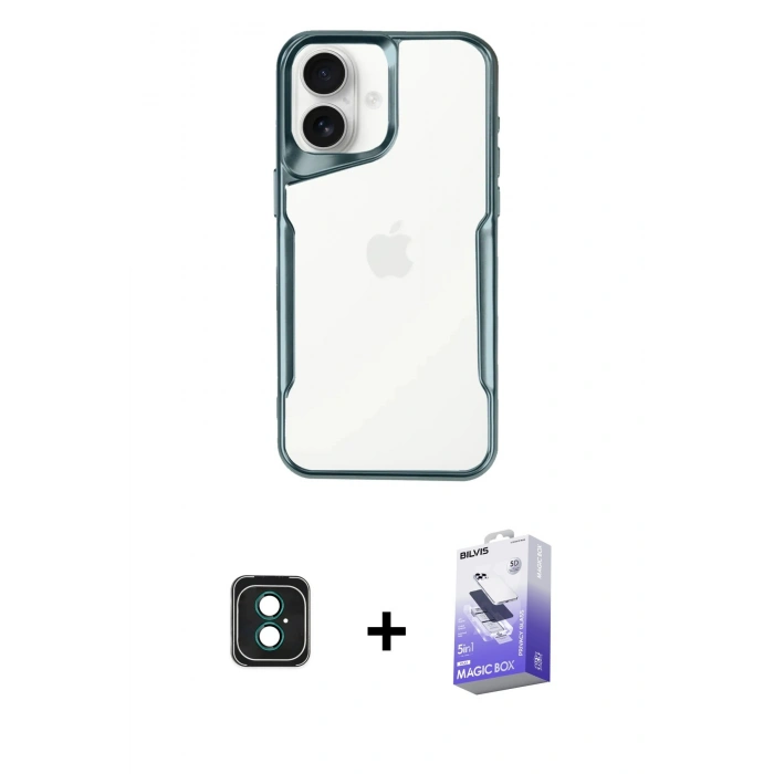 MARSİLYAN™- iPhone 16 Kılıf Akış Çizgi Koleksiyonu - Siyah Bilvis 5in1 5D Magic Hayalet Cam Ekran Koruyucu + PVD Metal Kamera Lens - YL