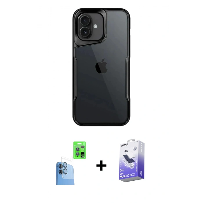 MARSİLYAN™- iPhone 16 Kılıf Akış Çizgi Koleksiyonu - Siyah Bilvis 5in1 5D Magic Hayalet Cam Ekran Koruyucu + Raze Metal Kamera Lens - LT