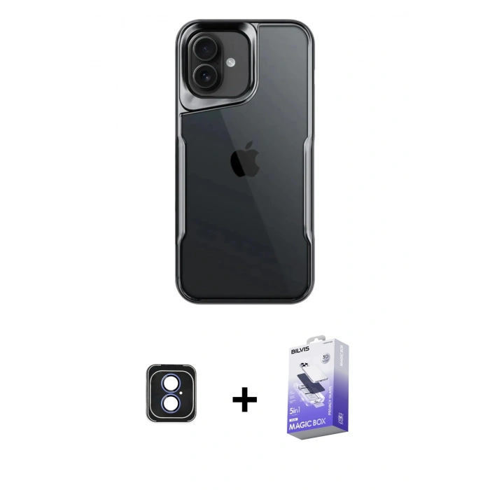 MARSİLYAN™- iPhone 16 Kılıf Akış Çizgi Koleksiyonu - Siyah Bilvis 5in1 5D Magic Hayalet Cam Ekran Koruyucu + PVD Metal Kamera Lens - MI