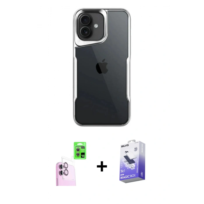 MARSİLYAN™- iPhone 16 Kılıf Akış Çizgi Koleksiyonu - Siyah Bilvis 5in1 5D Magic Hayalet Cam Ekran Koruyucu + Raze Metal Kamera Lens - PE