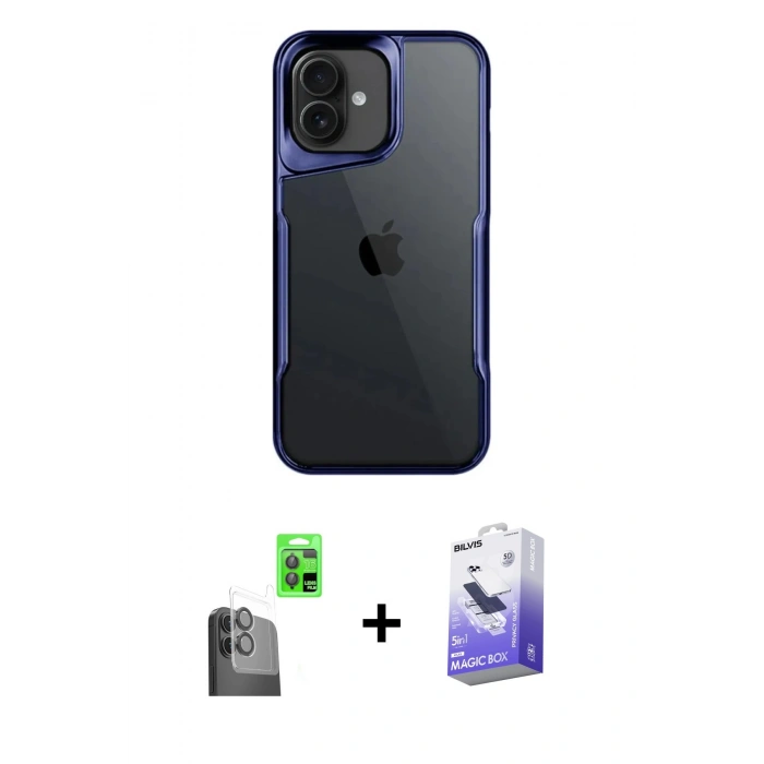 MARSİLYAN™- iPhone 16 Kılıf Akış Çizgi Koleksiyonu - Siyah Bilvis 5in1 5D Magic Hayalet Cam Ekran Koruyucu + Raze Metal Kamera Lens - SH