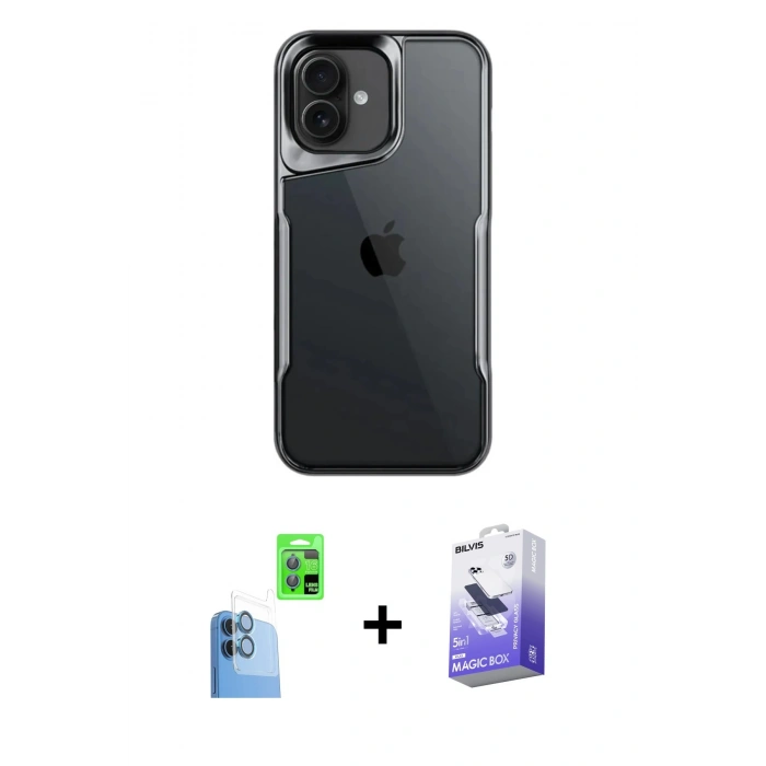 MARSİLYAN™- iPhone 16 Kılıf Akış Çizgi Koleksiyonu - Siyah Bilvis 5in1 5D Magic Hayalet Cam Ekran Koruyucu + Raze Metal Kamera Lens - LT