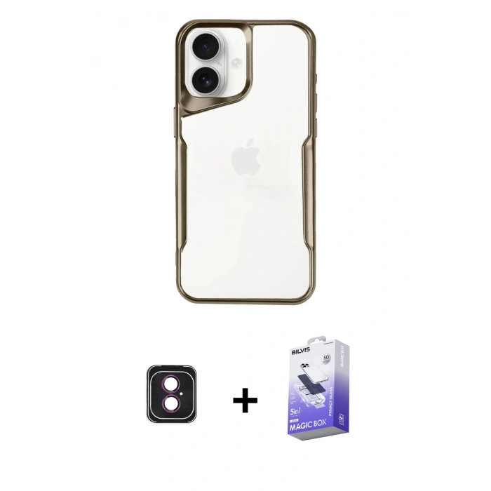 MARSİLYAN™- iPhone 16 Kılıf Akış Çizgi Koleksiyonu - Siyah Bilvis 5in1 5D Magic Hayalet Cam Ekran Koruyucu + PVD Metal Kamera Lens - PE