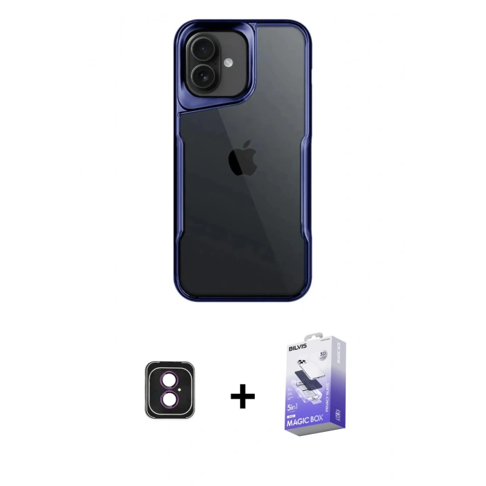MARSİLYAN™- iPhone 16 Kılıf Akış Çizgi Koleksiyonu - Siyah Bilvis 5in1 5D Magic Hayalet Cam Ekran Koruyucu + PVD Metal Kamera Lens - PE