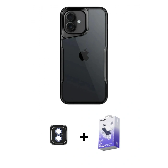 MARSİLYAN™- iPhone 16 Kılıf Akış Çizgi Koleksiyonu - Siyah Bilvis 5in1 5D Magic Hayalet Cam Ekran Koruyucu + PVD Metal Kamera Lens - MI
