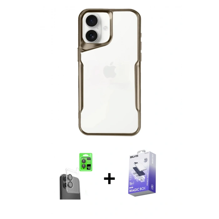 MARSİLYAN™- iPhone 16 Kılıf Akış Çizgi Koleksiyonu - Siyah Bilvis 5in1 5D Magic Hayalet Cam Ekran Koruyucu + Raze Metal Kamera Lens - SH