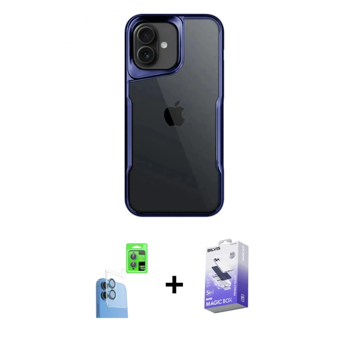 MARSİLYAN™- iPhone 16 Kılıf Akış Çizgi Koleksiyonu - Siyah Bilvis 5in1 5D Magic Hayalet Cam Ekran Koruyucu + Raze Metal Kamera Lens - LT