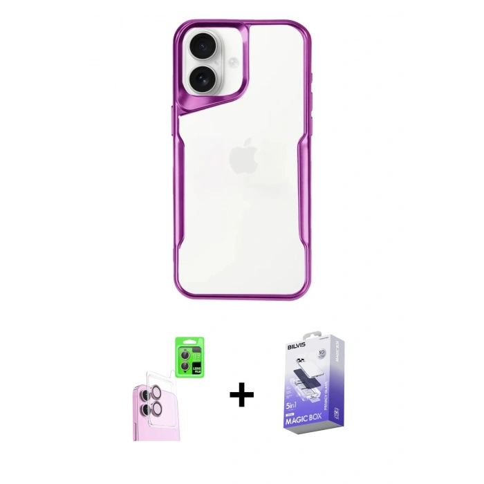 MARSİLYAN™- iPhone 16 Kılıf Akış Çizgi Koleksiyonu - Siyah Bilvis 5in1 5D Magic Hayalet Cam Ekran Koruyucu + Raze Metal Kamera Lens - PE