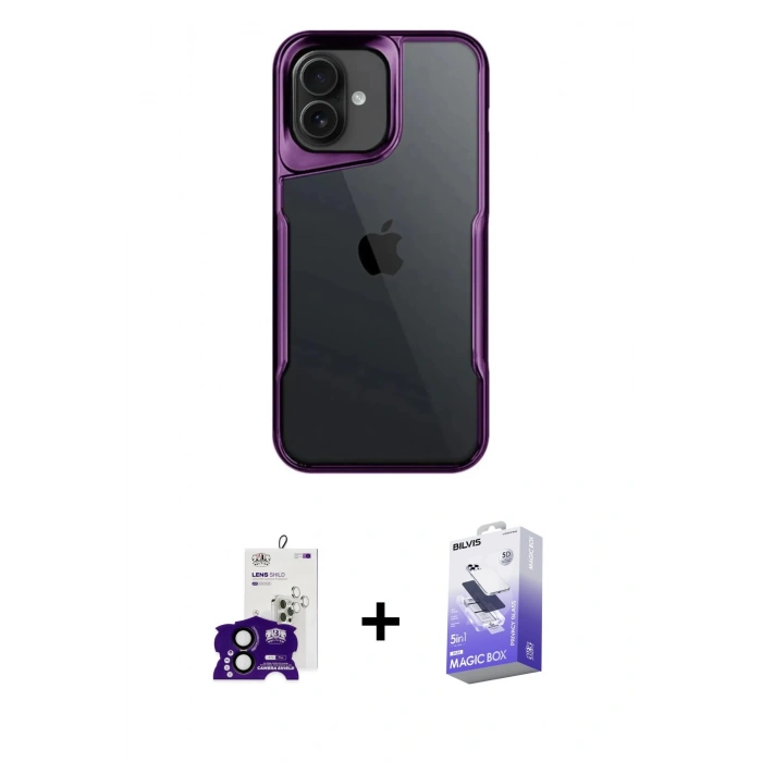 MARSİLYAN™- iPhone 16 Kılıf Akış Çizgi Koleksiyonu - Siyah Bilvis 5in1 5D Magic Hayalet Cam Ekran Koruyucu + Bilvis Titan Kamera Lens - SH