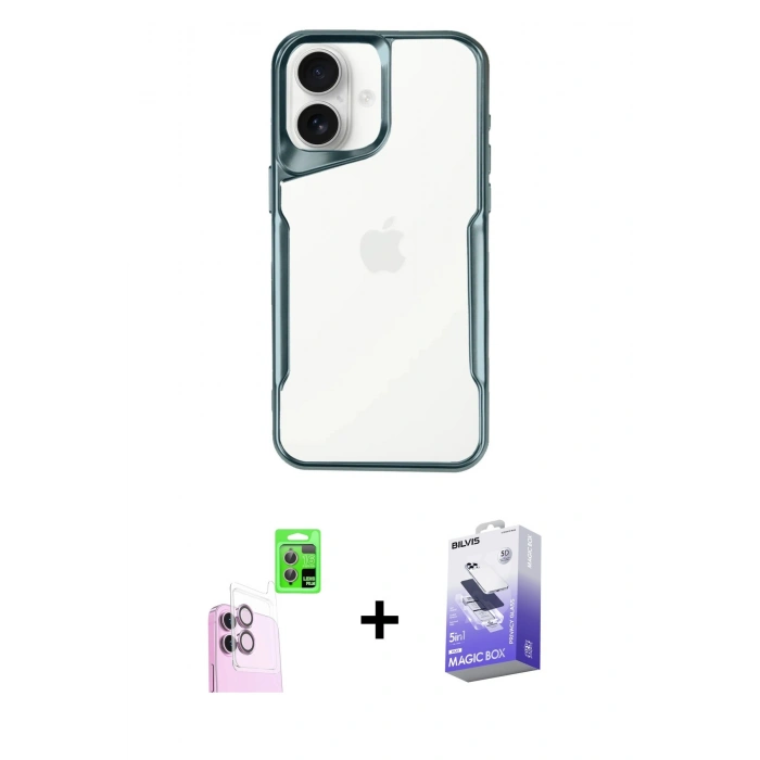 MARSİLYAN™- iPhone 16 Kılıf Akış Çizgi Koleksiyonu - Siyah Bilvis 5in1 5D Magic Hayalet Cam Ekran Koruyucu + Raze Metal Kamera Lens - PE