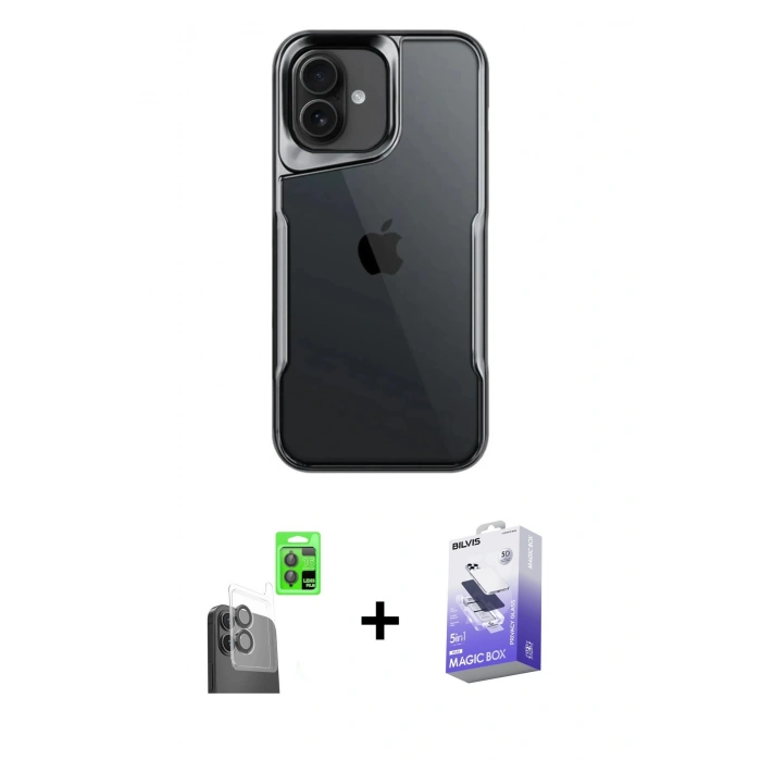 MARSİLYAN™- iPhone 16 Kılıf Akış Çizgi Koleksiyonu - Siyah Bilvis 5in1 5D Magic Hayalet Cam Ekran Koruyucu + Raze Metal Kamera Lens - SH