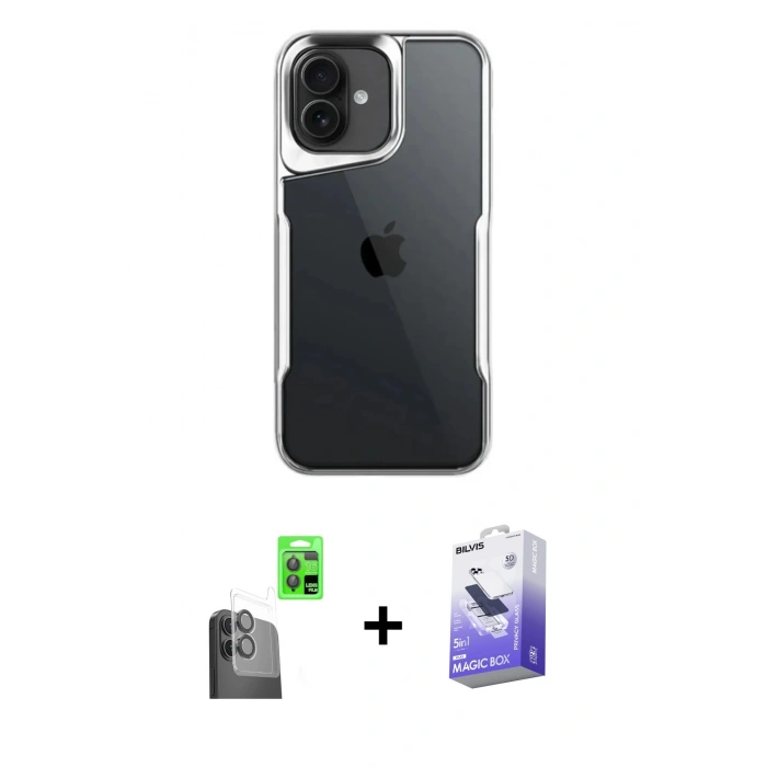 MARSİLYAN™- iPhone 16 Kılıf Akış Çizgi Koleksiyonu - Siyah Bilvis 5in1 5D Magic Hayalet Cam Ekran Koruyucu + Raze Metal Kamera Lens - SH
