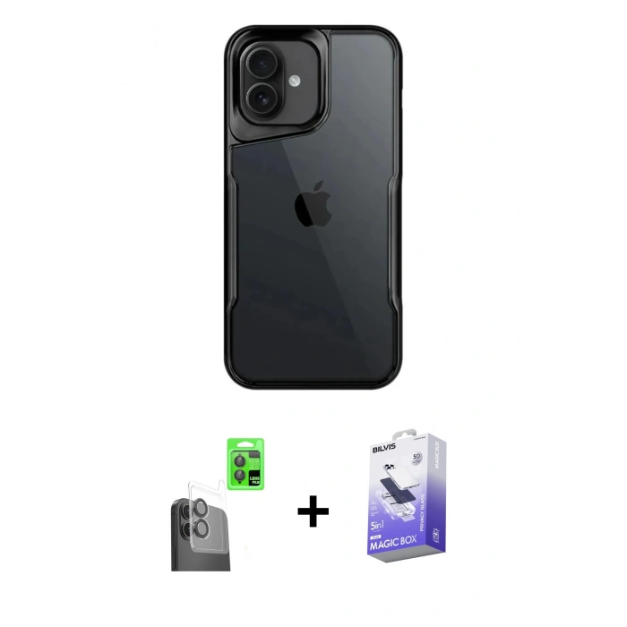 MARSİLYAN™- iPhone 16 Kılıf Akış Çizgi Koleksiyonu - Siyah Bilvis 5in1 5D Magic Hayalet Cam Ekran Koruyucu + Raze Metal Kamera Lens - SH