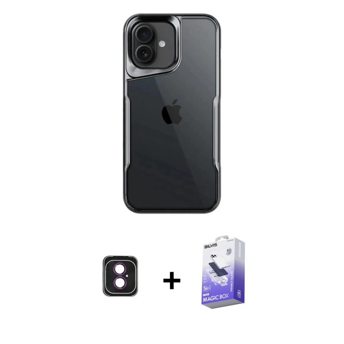 MARSİLYAN™- iPhone 16 Kılıf Akış Çizgi Koleksiyonu - Siyah Bilvis 5in1 5D Magic Hayalet Cam Ekran Koruyucu + PVD Metal Kamera Lens - PE