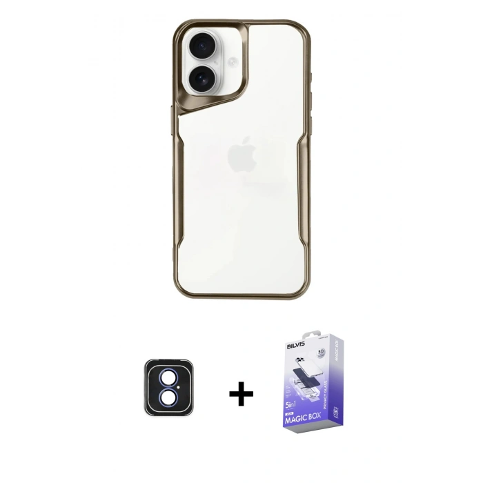 MARSİLYAN™- iPhone 16 Kılıf Akış Çizgi Koleksiyonu - Siyah Bilvis 5in1 5D Magic Hayalet Cam Ekran Koruyucu + PVD Metal Kamera Lens - MI