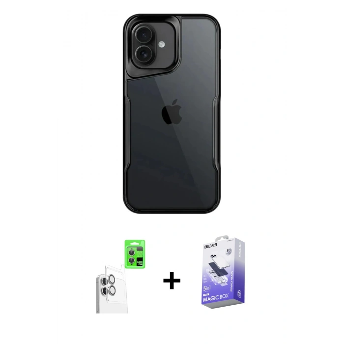 MARSİLYAN™- iPhone 16 Kılıf Akış Çizgi Koleksiyonu - Siyah Bilvis 5in1 5D Magic Hayalet Cam Ekran Koruyucu + Raze Metal Kamera Lens - BZ