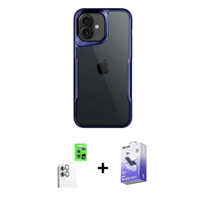 MARSİLYAN™- iPhone 16 Kılıf Akış Çizgi Koleksiyonu - Siyah Bilvis 5in1 5D Magic Hayalet Cam Ekran Koruyucu + Raze Metal Kamera Lens - BZ